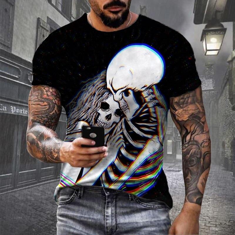 Xuhaijian02 Zwarte Schedel T-shirt Mannen Punk Schedel T-shirt Rock Gun Blauw T-shirt 3D Gedrukt T-shirt Retro Gothic Herenkleding zomer Top XL