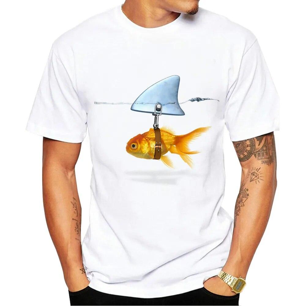 YSM Cotton Tshirt Goudvis En Haai T-shirt Mannen Vis Cool Gedrukt T-shirts Mannen S Casual T-shirt Mannelijke XL wit