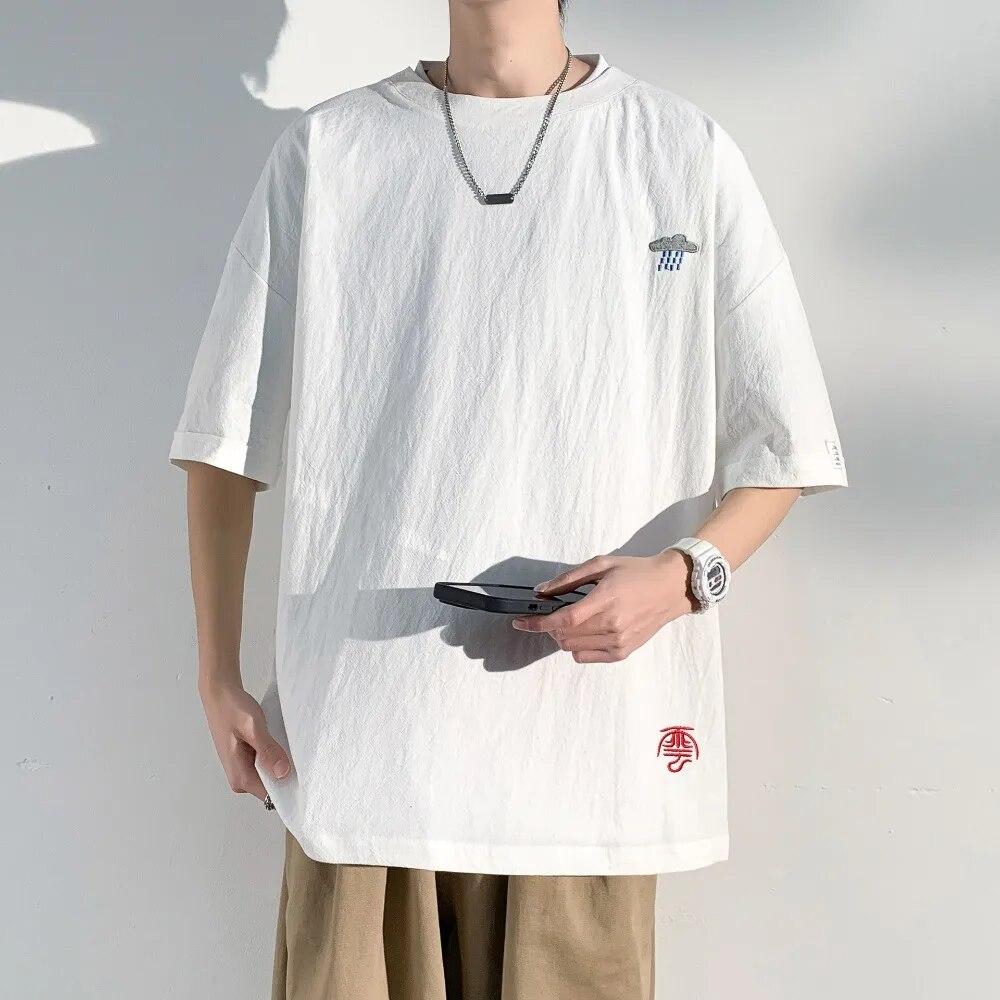 KING BILLION Katoenen linnen T-shirt met korte mouwen voor heren Zomer T-shirts Heren ronde hals Losse casual T-shirt Ademende tops Borduurwerk XXXXL 80-90kg