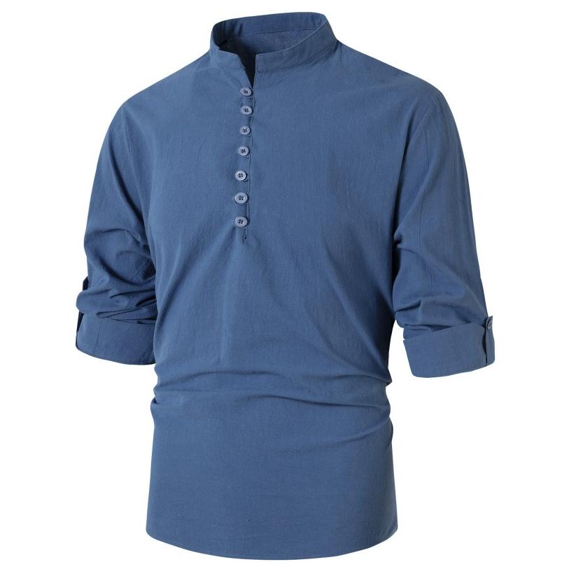 ForYourBeauty Zomer Knoppen Heren Top Tee Vintage Effen Kleur Katoen Linnen Stand Hals Shirt Met Lange Mouwen Herenkleding XXXL lichtblauwe kleur