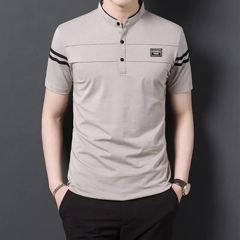 QGOOD Herenmode Zomer POLO T-shirt Casual katoenen ademende top Opstaande hals Korte mouw Koreaans comfortabel T-shirt XXXL marineblauwe kleur