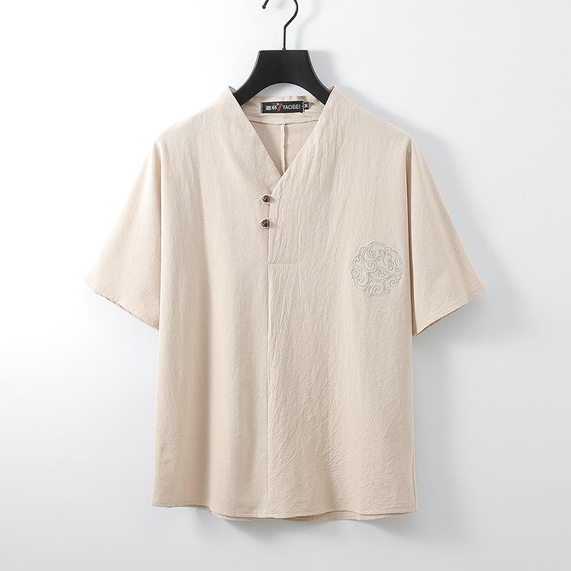 SHIZI Herenkleding Grote Maten T-shirts Linnen Chinese Stijl Zomer V-hals Grote Korte Mouw T-shirt Mannelijke Tee Tops Plus XXL beige