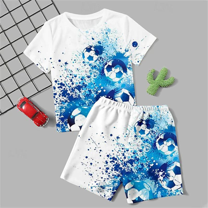 Xuhaijian02 Jongens 3D Voetbal T-shirt & Broek Pyjama Set Korte Mouw 3D Print Zomer Actieve Mode Dagelijks Polyester Kinderen Ronde Hals Thuis Casual 140