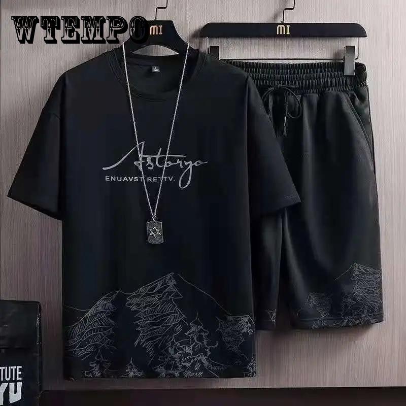 WTEMPO T-shirt met korte mouwen Heren Zomer Nieuw Sneeuwbergprint Modetrend Koreaanse versie van slank Groot formaat Sport Tweedelig M