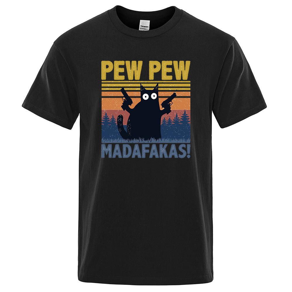 Limindong Pew Pew Madafakas T-shirt Heren Korte Mouw Nieuwigheid Grappige Kat T-shirt Katoen Oversize Tops Shirts Tee T-shirt Ronde Hals Streetwear XXXL wit