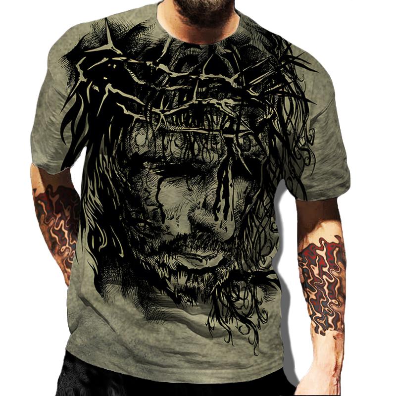 Laoxu Retro American Street Apparel Zomertop Nieuwe mode Jezus Christus 3D-print T-shirt voor heren en dames Casual Korte mouw Multi s L grijs