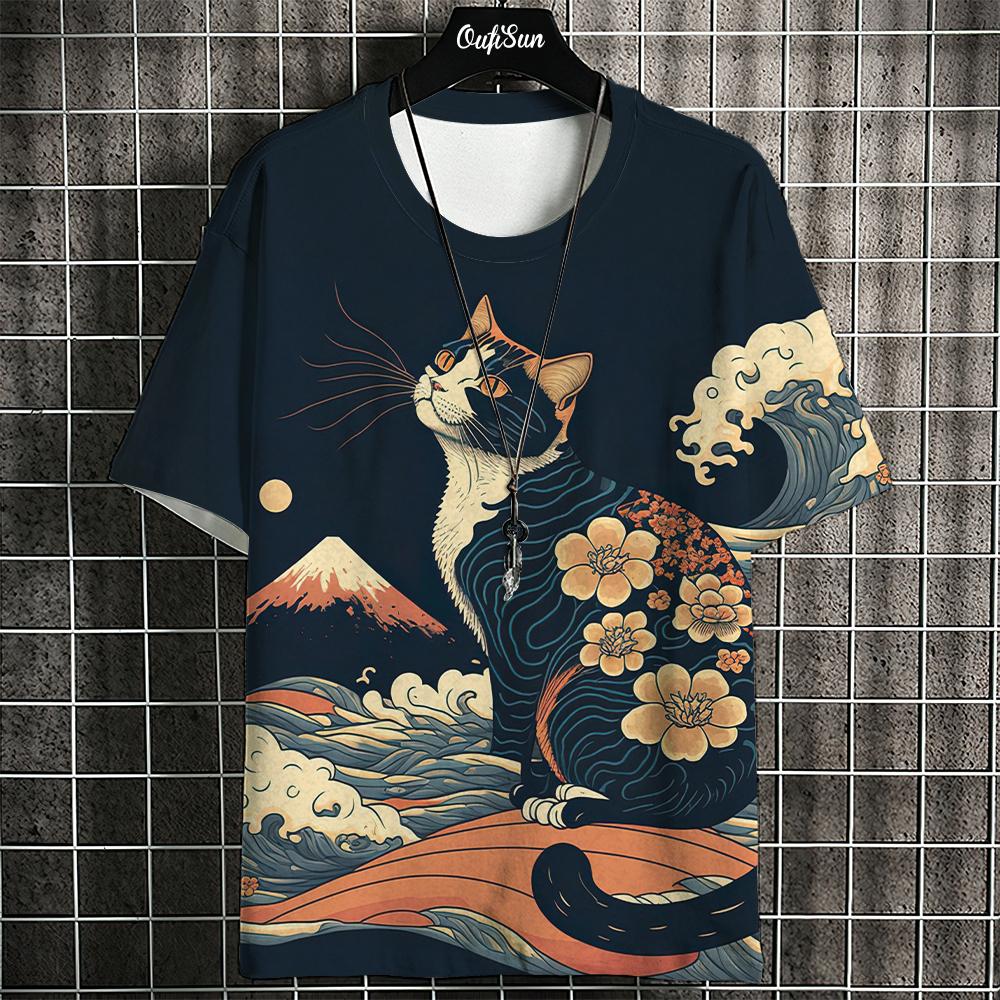 ETST 012 Cartoon Anime Kat Bedrukt T-shirt Voor Mannen Japanse T-shirts Wolf T-shirt Outdoor Hip Hop Tops Kleding Casual Losse Korte Mouw T-shirts 4XL
