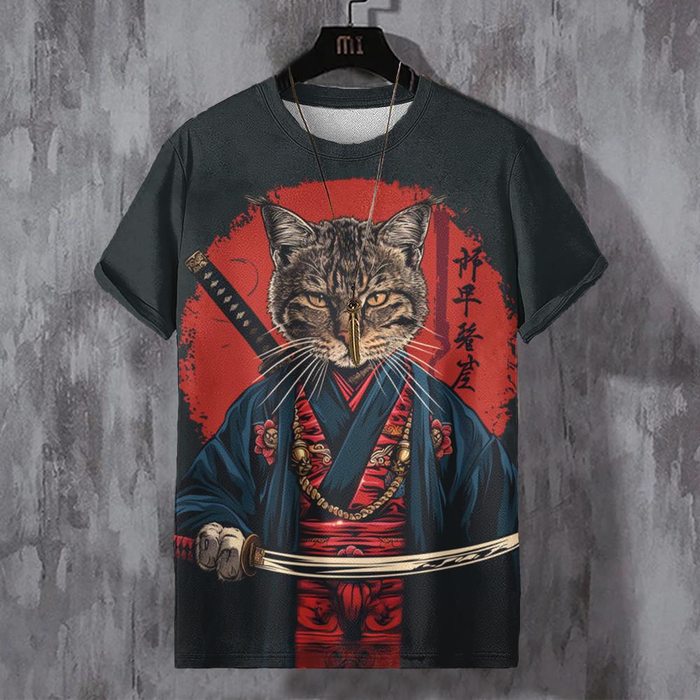Etst 003 Heren Japans T-shirt Samurai kat grafisch T-shirt 3D geprint casual T-shirt met korte mouwen 160cm