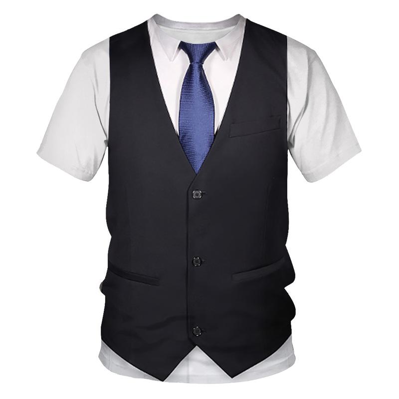 ETST 012 Zomer Mode Persoonlijkheid Nep Pak Mannen T-shirts Hip Hop Trend Alternatieve Grappige Streetwear 3D Gedrukt O-hals Korte Mouw Tees XL
