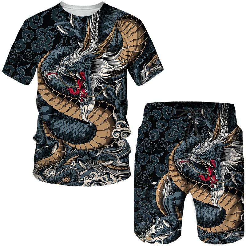 ETST 013 Vintage Oosterse Drakengod 3D Print Heren T-stukken/Shorts/Sets Japanse Samurai Tattoo Outfit Mode Mannelijke Streetwear Kleding pak 4XL