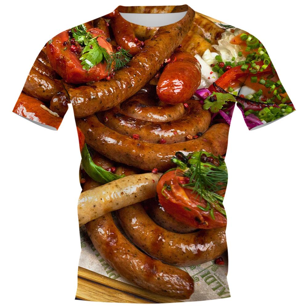 Laoxu HX Yummy Food T-shirts 3D Grafische Delicatesse Gegrilde Worsten Truien Polyester Alle Bedrukte T-shirts Harajuku Herenkleding M wit