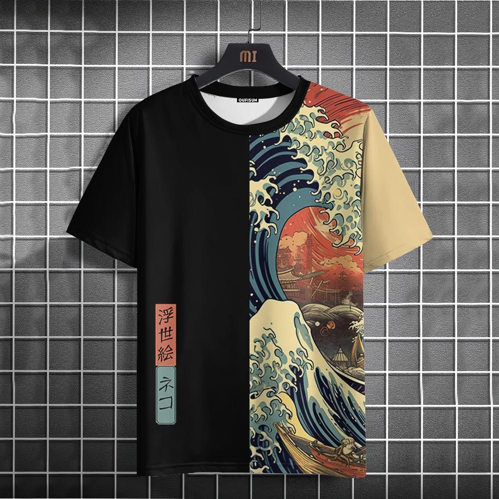 ETST 013 Japanse stijl heren T-shirt Ukiyo-e zeegolfpatroon bedrukking T-shirts Casual losse korte mouw T-shirt Oversized herenkleding Top 4XL