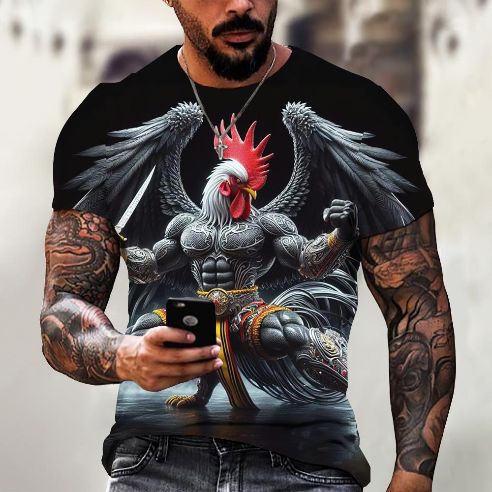 ETST 013 3D Print Heren T-shirts Losse pasvorm Creatieve dieren Grafische haan Heldenprint T-shirt voor heren Grappige mode Herenkleding Zomer 4XL