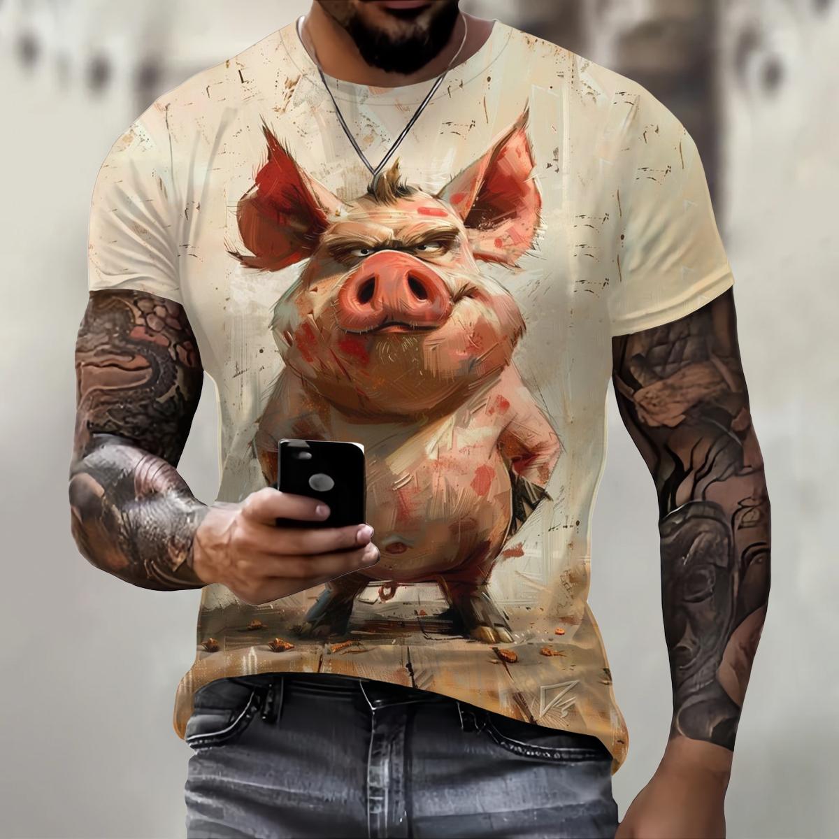 ETST 012 Grappig 3D-varkensprint T-shirt voor heren Street Trend Hip Hop-kleding Casual O-hals T-shirt met korte mouwen Mode Losse zomertops XL
