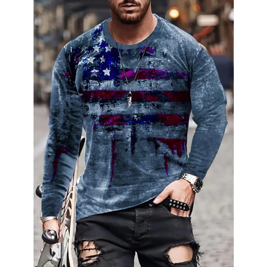 HerSight Vintage Casual 3D Faded Flag Tee voor heren: Stijlvolle lange mouwen, lichte stretch, comfort en duurzaamheid voor alle seizoenen 3XL
