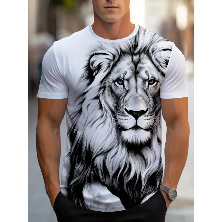 Forever Men Grafische Wolf Print Heren Creatieve Top, Casual Ronde Hals Korte Mouw Licht Stretch T-shirt Voor Zomer Buiten 6XL