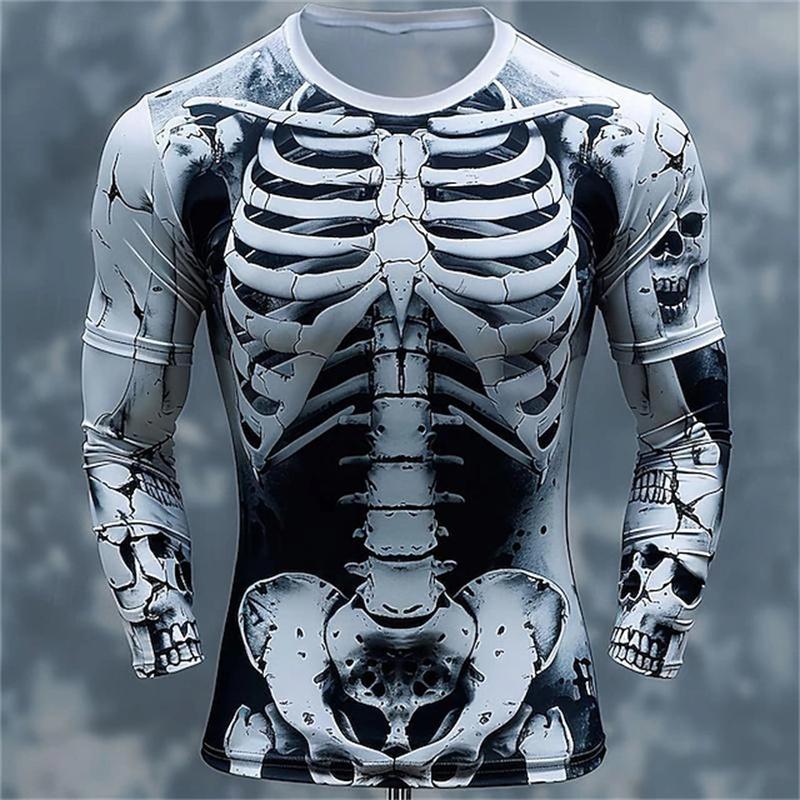 ETST 012 3D Print Skeletschedels Patroon T-shirts Mannen Lange Mouw Casual Mode T-shirt Top Sweatshirt Ademende Streetwear Losse T-shirts 4XL