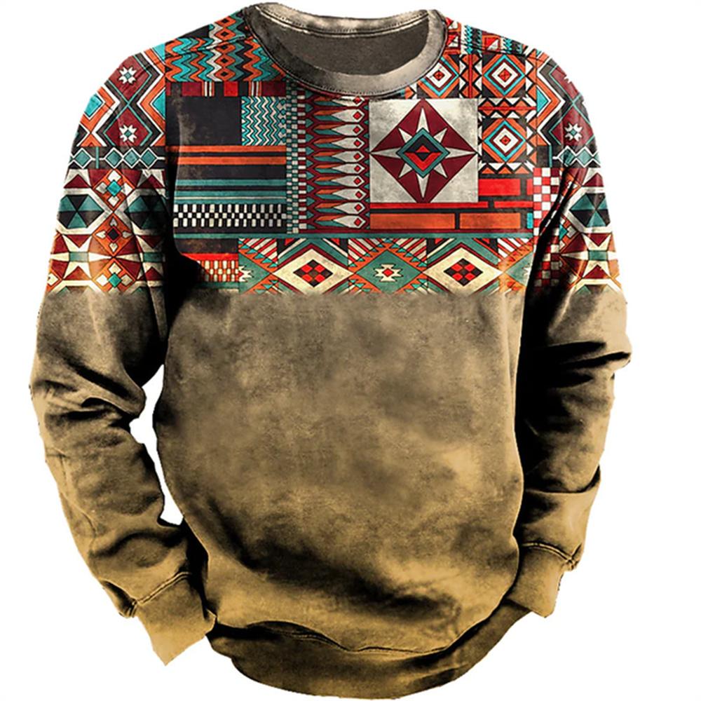 Xuhaijian02 Vintage Heren Sweatshirt Cowboy Grafisch T-shirt Etnische Stijl Print Pullover Oversized Heren Kleding Casual Top met Lange Mouwen L