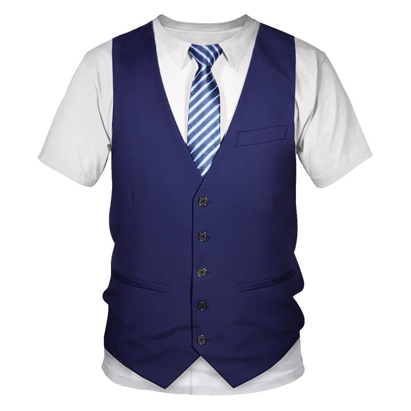ETST0013 Grappige nep-pak smoking stropdas 3D-geprint T-shirt Zomermode Hiphop Korte mouw Straatpersoonlijkheid Nep-vest O-hals top voor heren 6XL