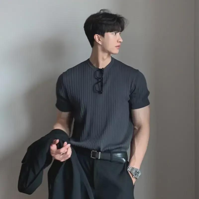 VantaGoods Heren slim fit korte mouwen Koreaanse stijl gebreide T-shirt met ronde hals M