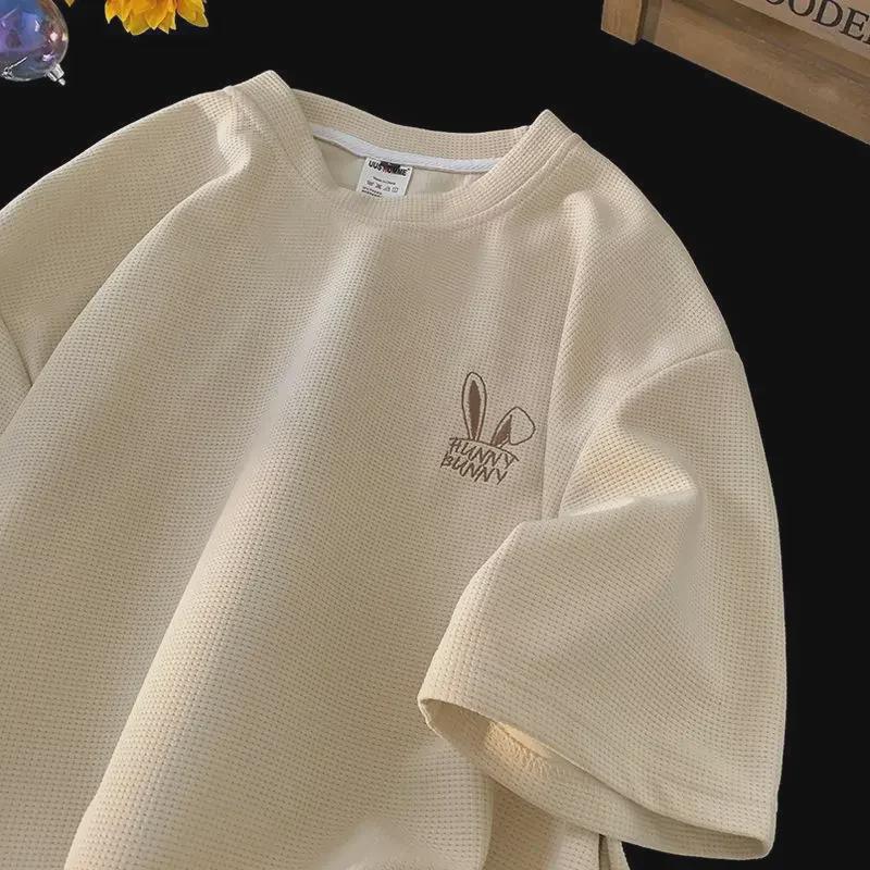 VantaGoods Heren Zomer Zware Wafel Korte Mouw T-shirt - Trendy, Veelzijdige, Losse Pasvorm met Borduurwerk L zwart