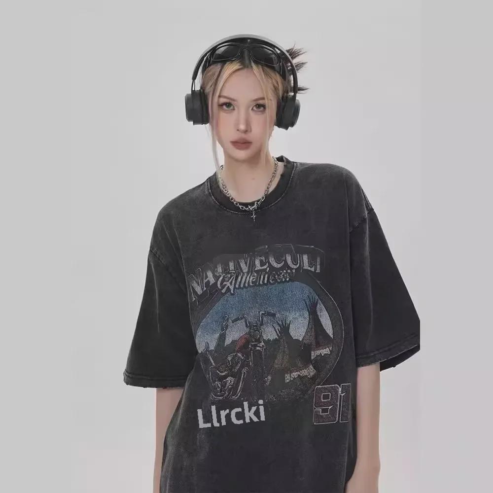 VantaGoods Heren T-shirt in Amerikaanse stijl met wassing en print, ronde hals, korte mouwen, losse pasvorm, mode voor de high street. XL zwart