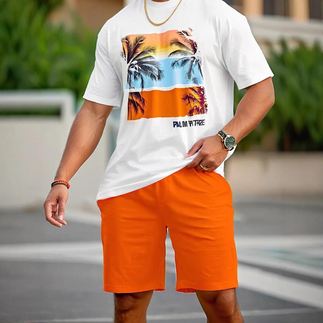 FEGKZLI Fashion Zomer heren T-shirt met korte mouwen, los, comfortabel, modieus, ademend, tropisch palmprint, katoenen T-shirt met korte mouwen voor heren XXXL wit