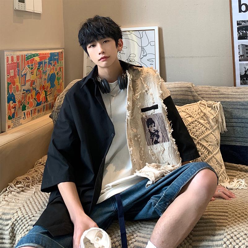 VantaGoods Heren Zomer Retro Contrast Kleur Korte Mouw Shirt - Hong Kong Stijl Koreaans Trendy Design M zwart