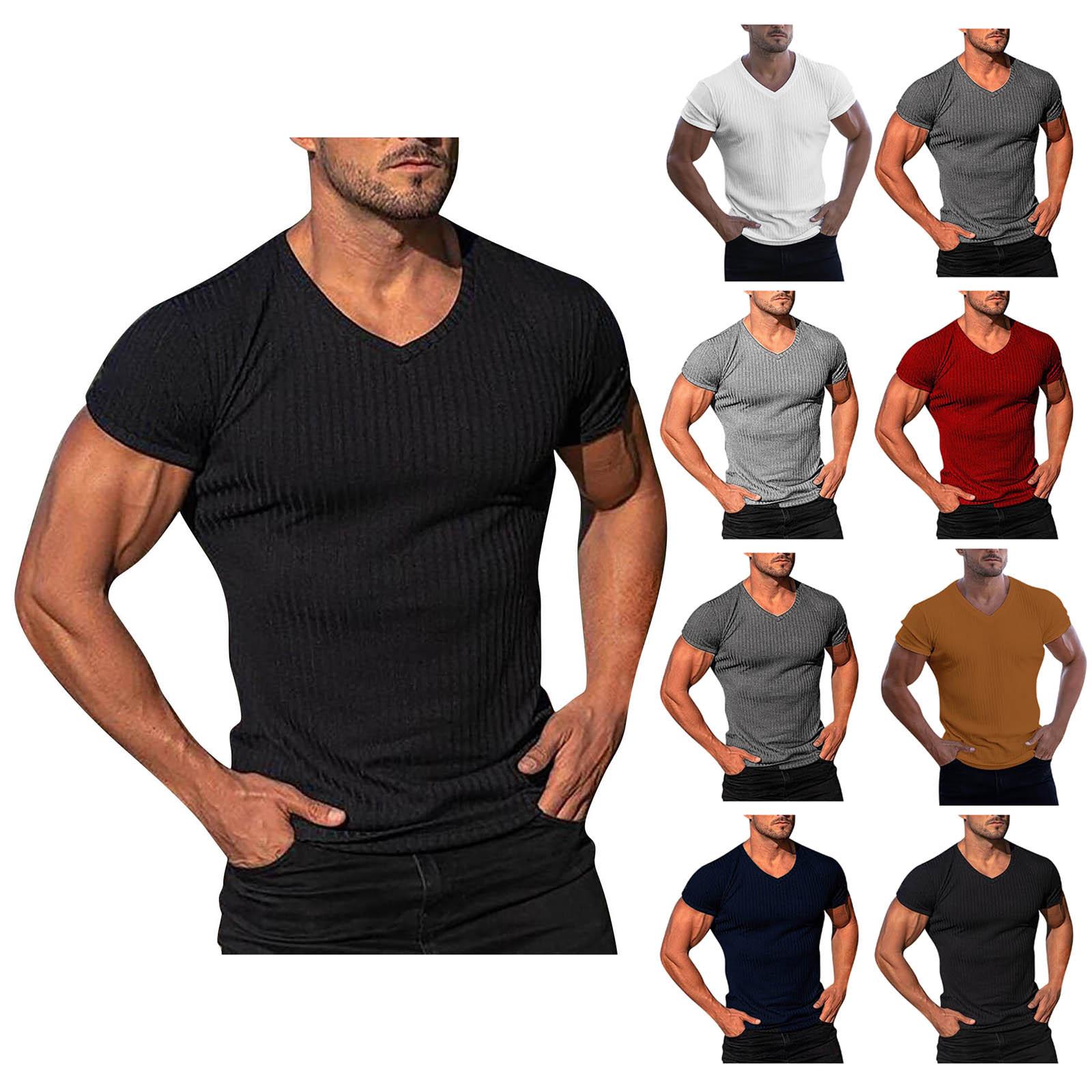 Linglong (ZO)Heren casual slim fit basic korte mouw mode T-shirt V-hals zomertop L zwart