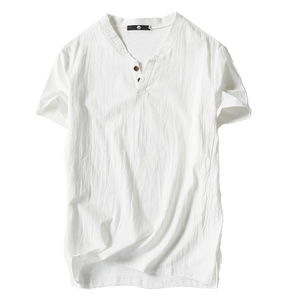 Ximalaya Ramidos heren zomer casual linnen en katoen korte mouw V-hals T-shirt top blouse tee 3XL donkerblauwe kleur