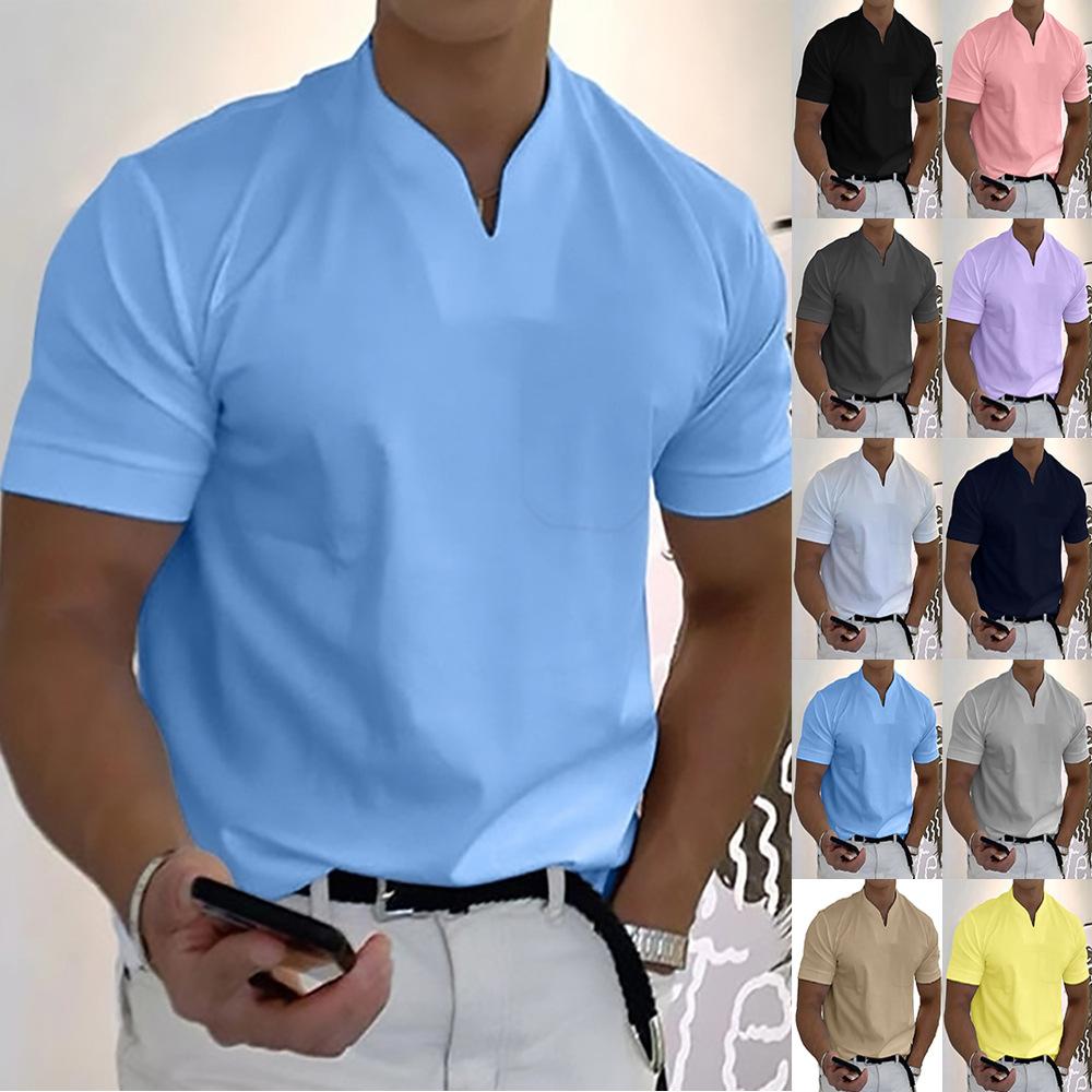 Source universe Zomer heren T-shirt effen kleur V-hals korte mouw losse vrijetijdsshirt korte mouw sneldrogende losse trui top dagelijkse kleding groot formaat 2XL paars