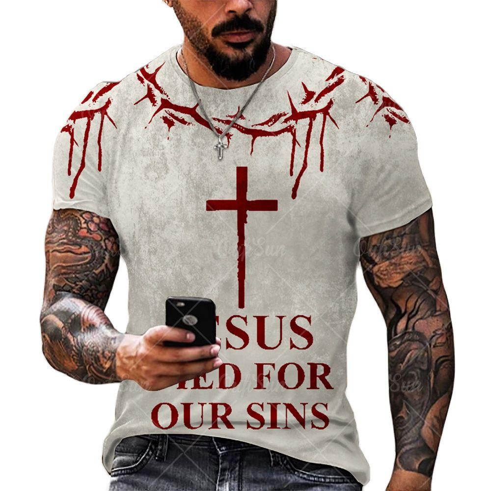 Xiao Xiang T-shirts voor heren Kruis Grafische Jezus Christus 3D-print Heren T-shirt Retro Klassiek Korte mouwen Losse persoonlijkheid Oversized Tops XL