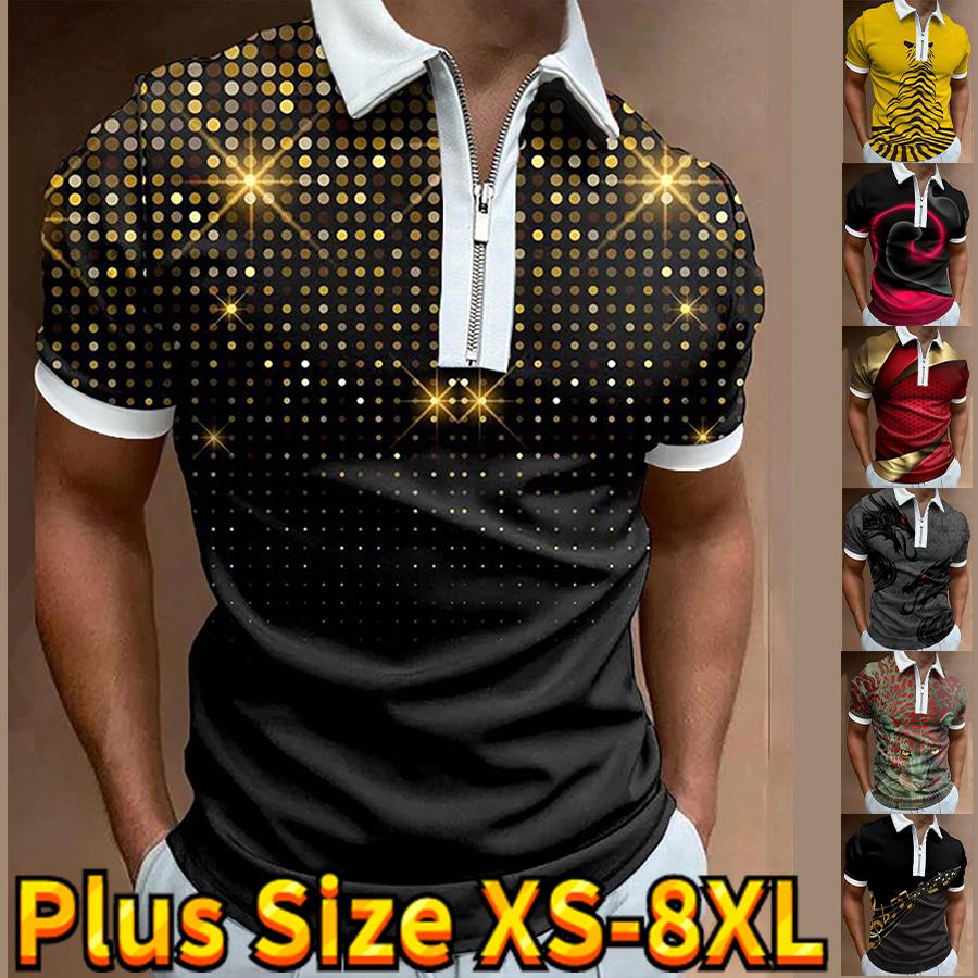 Happy Show Casual Revers T-shirt Jonge Mannen Mode Rits T-shirt Korte Mouw T-shirt Mannen 3D Gouden Uitstraling Print T-shirt 8XL zwart