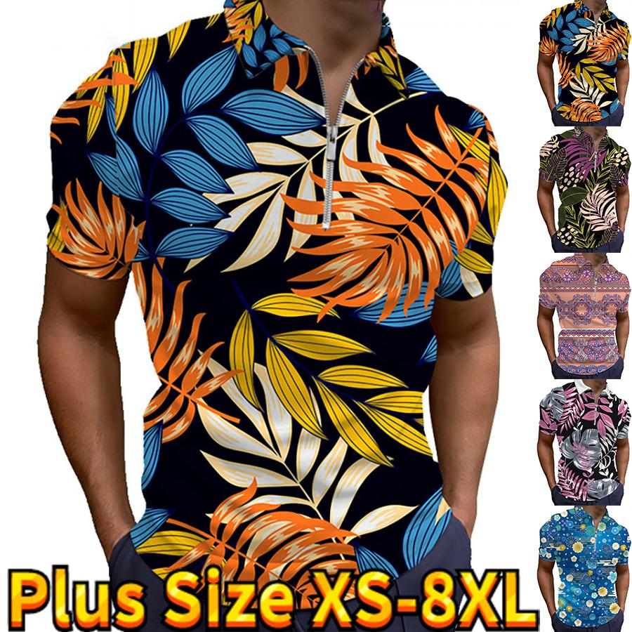 Happy Show Casual Revers T-shirt Jonge Mannen Mode Rits T-shirt Korte Mouw T-shirt Mannen 3D Retro Patroon T-shirt 8XL beige