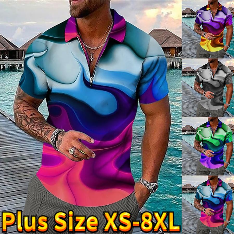 Happy Show Casual Revers T-shirt Jonge Heren Mode Rits T-shirt Korte Mouw T-shirt Heren 3D Polychrome Print T-shirt 8XL paars