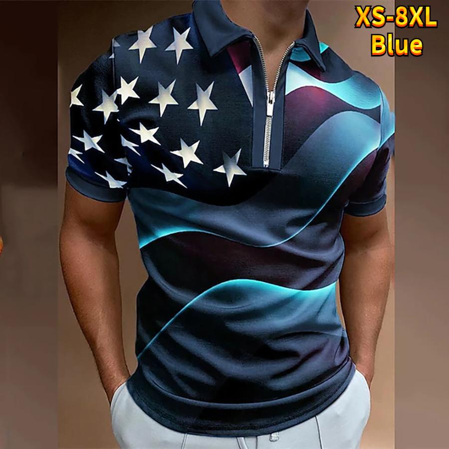 Happy Show Casual Revers T-shirt Jonge Mannen Mode Rits T-shirt Korte Mouw T-shirt Mannen 3D Witte Ster Print T-shirt 8XL rood