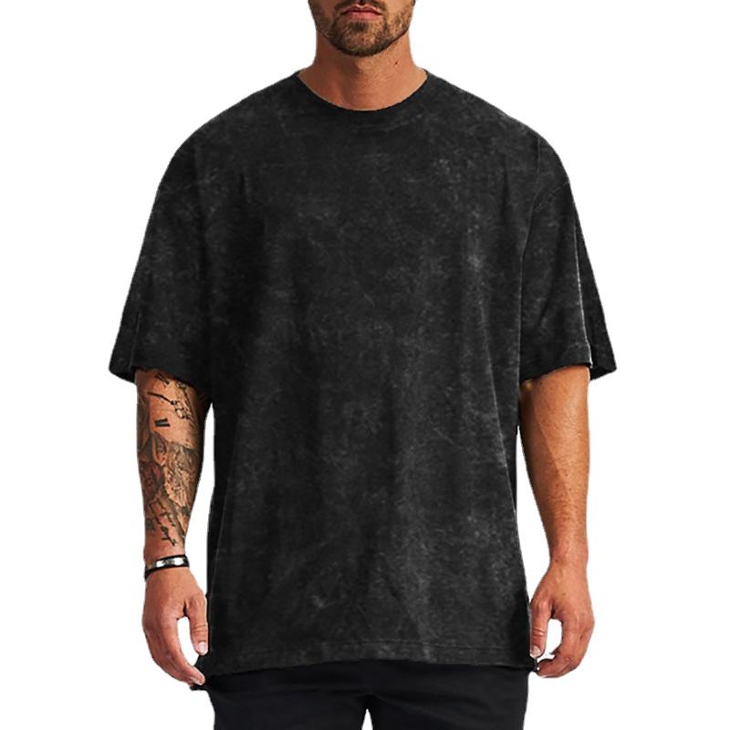 FEGKZLI Fashion Oversized katoenen T-shirt met korte mouwen voor heren en verlaagde schouder, zuur gewassen noodlijdende losse gym bodybuilding T-shirt M zwart