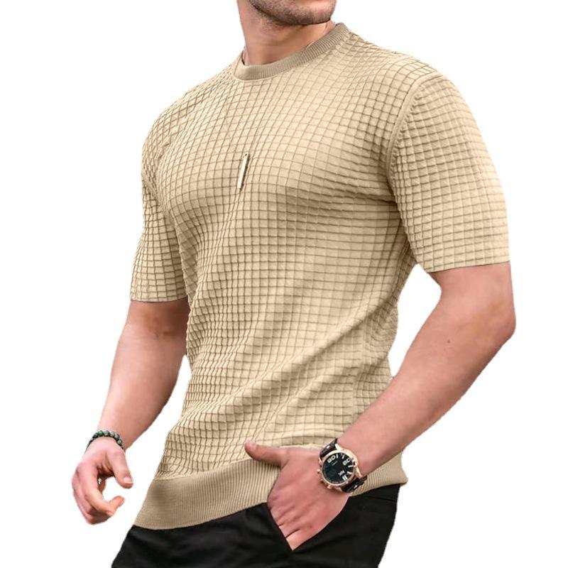 WowClassic Lente Zomer Heren T-shirt met kleine geruite effen ronde hals en korte mouwen voor heren S kaki