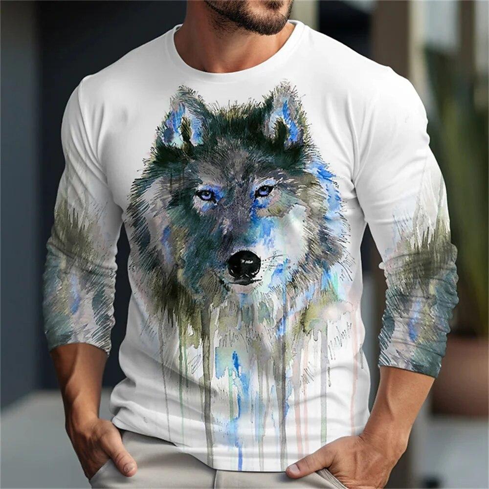 Nihao Heren Unisex T-shirt Tee Grappige T-shirts Wolf Grafische prints Ronde hals Blauw 3D Print Dagelijks Feestdagen Lange mouw Print Kleding Nieuw 6XL
