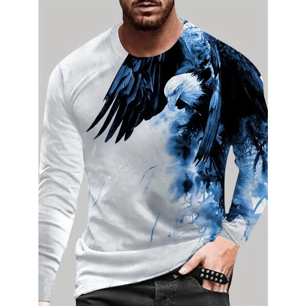 HerSight Herfst Mannen Tops Ferocious Eagle Animal Patroon 3D Digital Printing T-shirt Casual mannen Ronde Hals Lange Mouwen Tees S