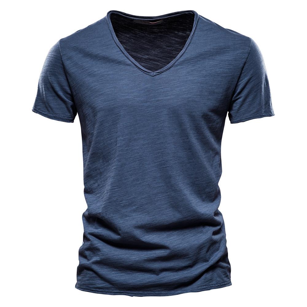HerSight Zomer Heren Effen Kleur Bamboe Knoop Katoen V-hals Korte Mouw T-shirt Puur Katoen Herenkleding M