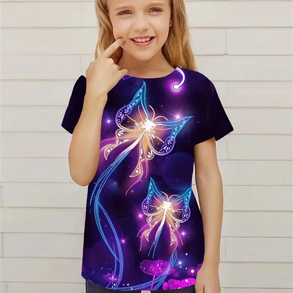 Xuhaijian02 Tieners Kinderen Lichtgevende Vlinder 3D Print Tee Meisjes Casual Korte Mouw Nieuwigheid T-shirt Feestkostuum Dagelijkse Outfit Tops Kleding 150