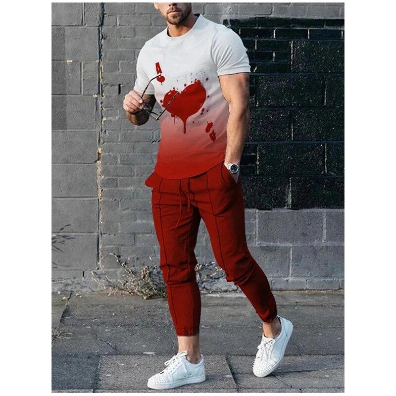 Nihao Zomer herenbroek trainingspak 2-delige set 3D-geprint grappig bloedend hart korte mouw T-shirt + lange broek straatkleding 6XL