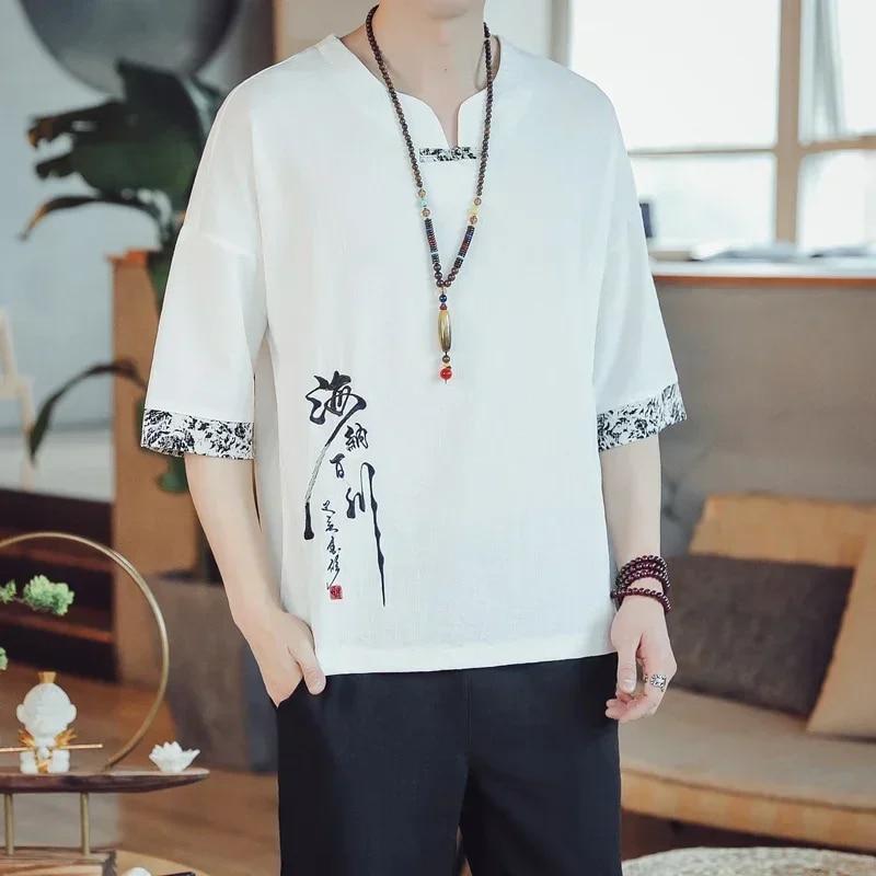 KAOLA Zomerse Chinese stijl heren retro borduurwerk bedrukte T-shirt tops Tang linnen overhemd XL zwart