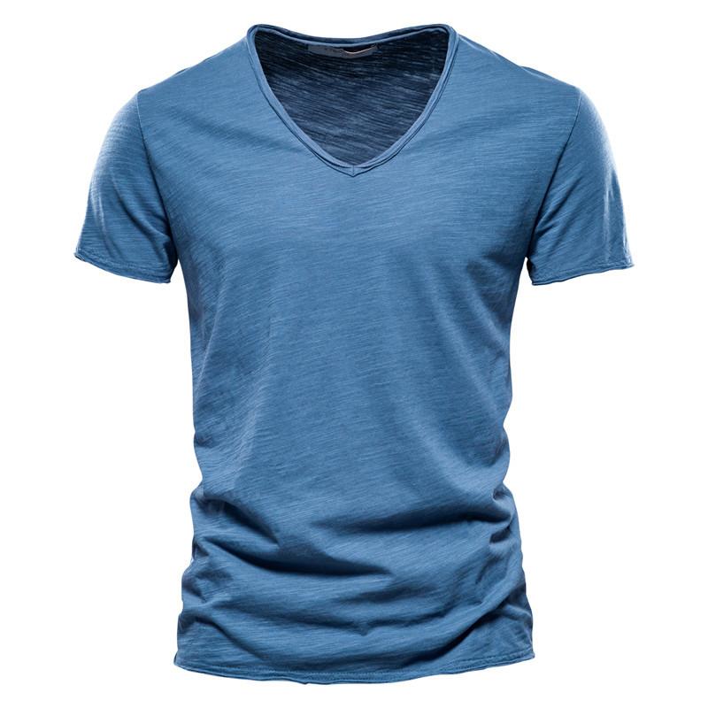 ForYourBeauty Zomer Katoenen T-shirt met korte mouwen Heren V-hals Effen Sport-T-shirts Heren Zwart Wit Tops 4XL blauw