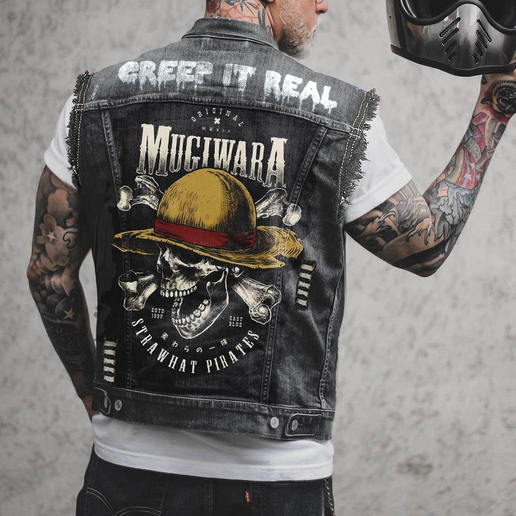 Kimoi 2439 * Van schedelbotten voor bedrukte versleten motorfiets casual denim vest herenstijl 2XL zwart