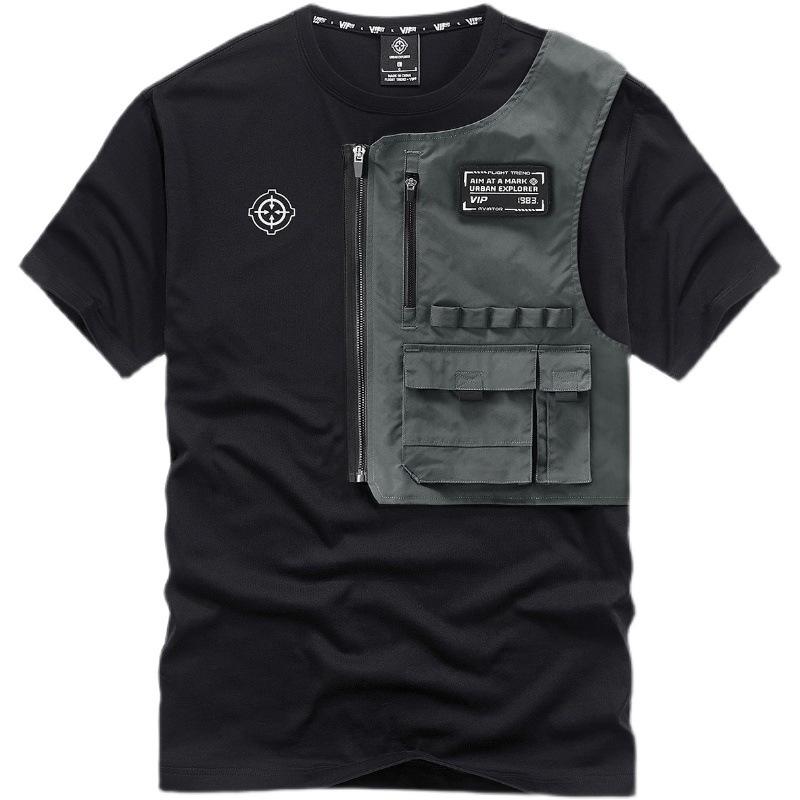 SHIZI Trendyol Heren Zwart Techwear Katoenen Patch Stich Korte Mouw T-shirts Zomer Heren Oversized Locomotive Stijl Tooling T-shirt XXL zwart
