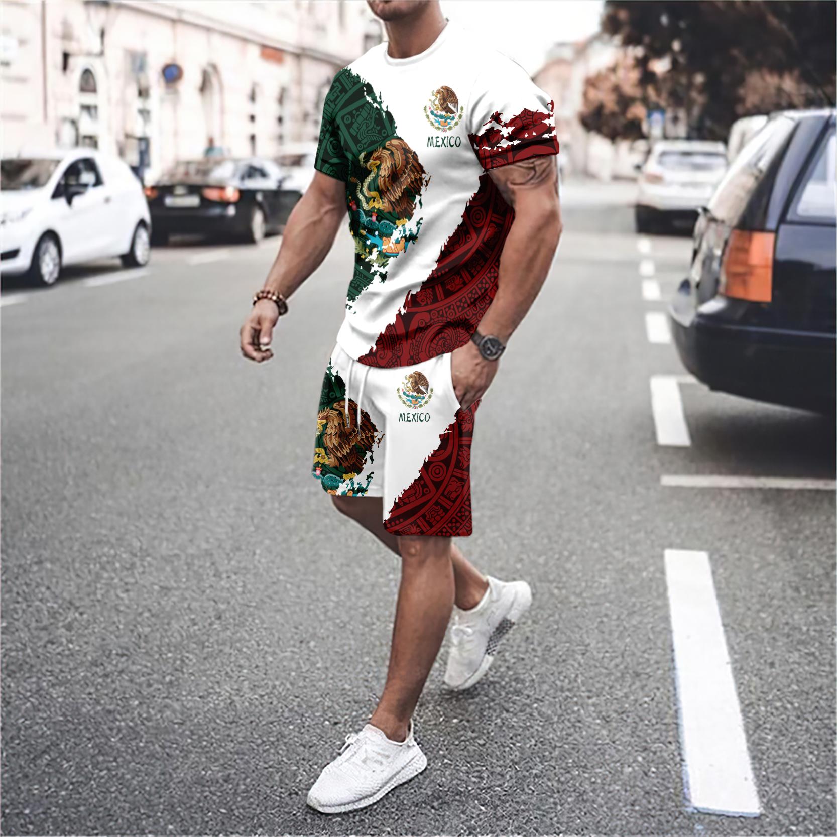 ETST WENDY 005 Heren T-shirt Zomer Casual Mexicaanse Vlag Patroon 3D Mode Losse T-shirt en Shorts Set Kleding 6XL
