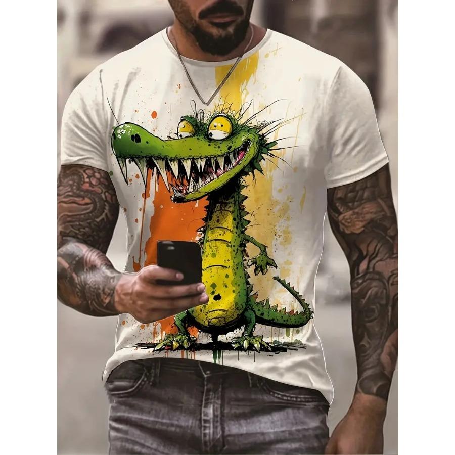 HerSight Comic Style Krokodil en verfmarkering patroon ronde hals en korte mouwen T-shirt, casual en chique tops voor heren zomer straatkleding L
