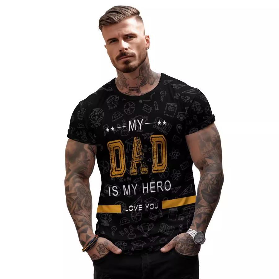 HerSight Streetwear Letters My DAD IS MY HERO 3D Bedrukt T-shirt Zomer Heren Wolf Dier Patroon Kleding Ronde Hals Tops Casual Korte Mouw T-shirts 3XL